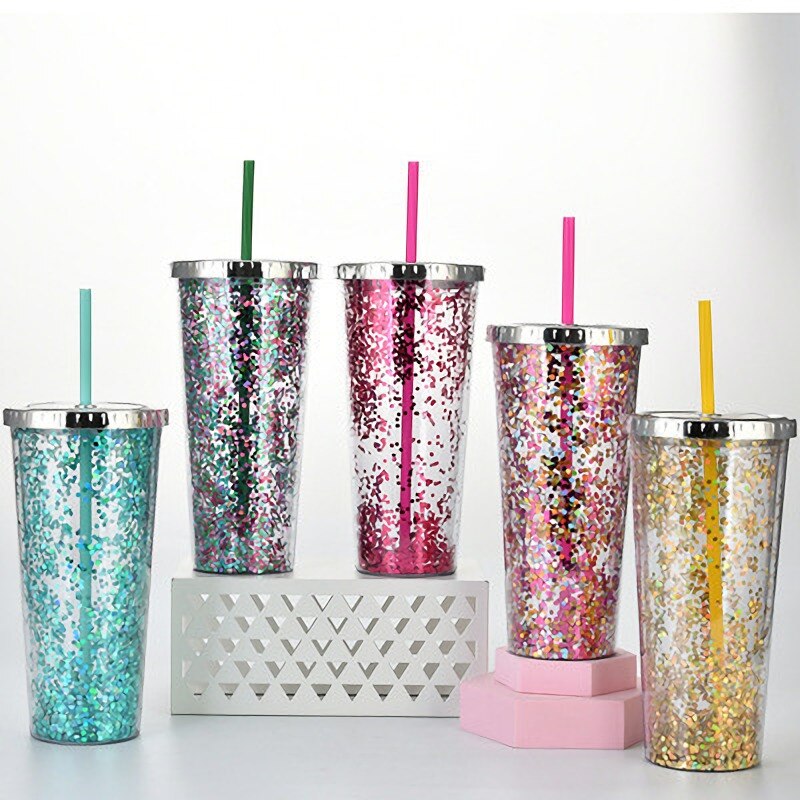 Color Sequins Tumblers Cup Straw Cold Cup with Lid Cups with Lids and Straws Mug Plastic Straight Cup Water Cups