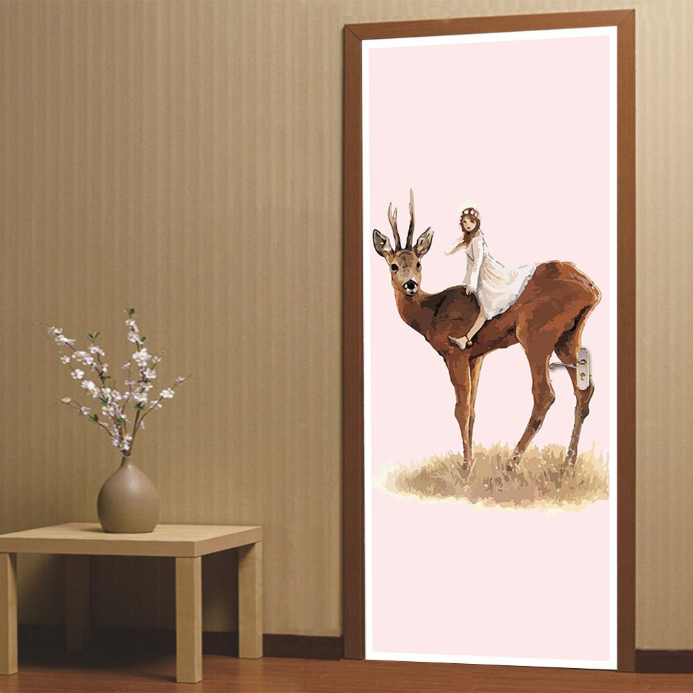 Mooie Geschilderd Elanden Europese Stijl Deur Sticker 3D PVC Behang DIY Waterdichte Muurschildering Sticker Voor Woonkamer Slaapkamer Home Decor