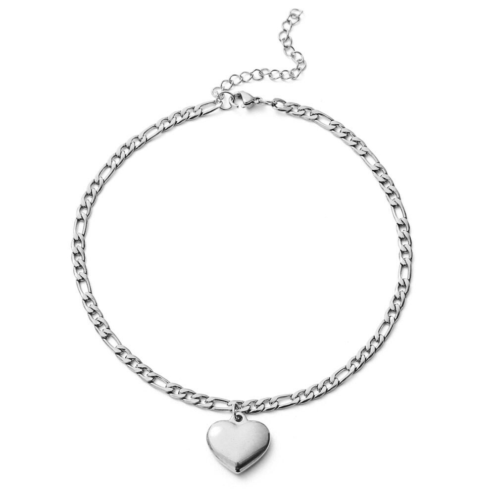 Stainless Steel Figaro Chain Anklet Bracelet For Women Girls Heart Charms Anklet Femme Foot Jewelry