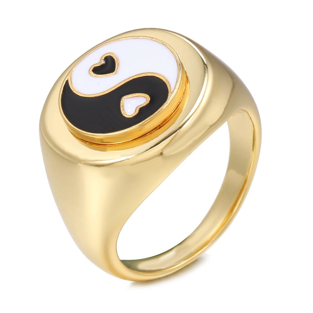 Emaille Yin Yang Tai Chi Ringe für Frauen Gold Silber Farbe Herz Geometrische Metall klobig Ringe modisch Schmuck: Schwarz