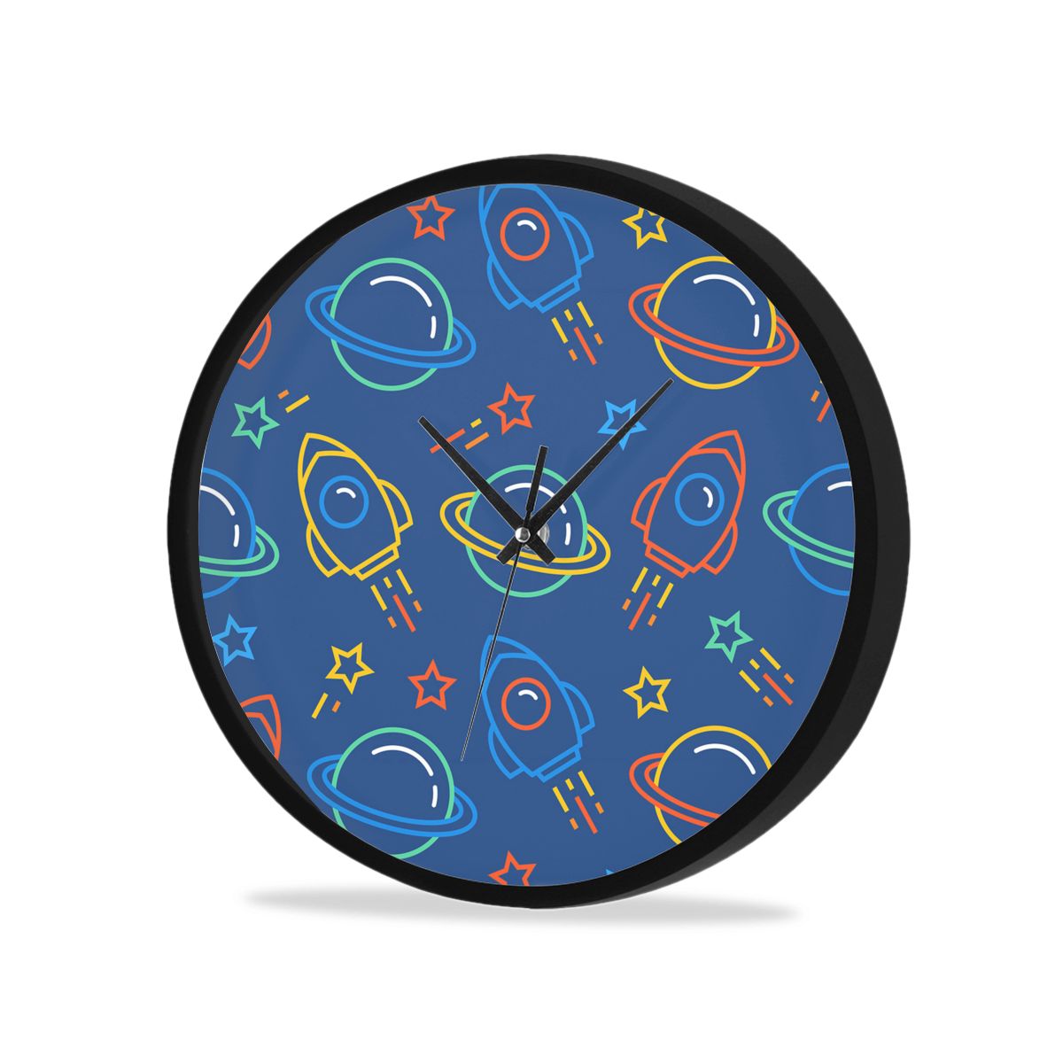 3D Cartoon Astronaut Space Ship Wall Clock Living Room Quartz Watch DIY Home Decoration Round Clocks: Black1 / 25CM