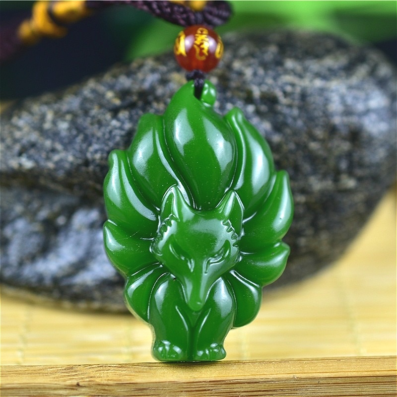 Naturel vert chinois Jade neuf queue renard pendentif perles collier charme bijoux sculpté amulette pour femmes hommes