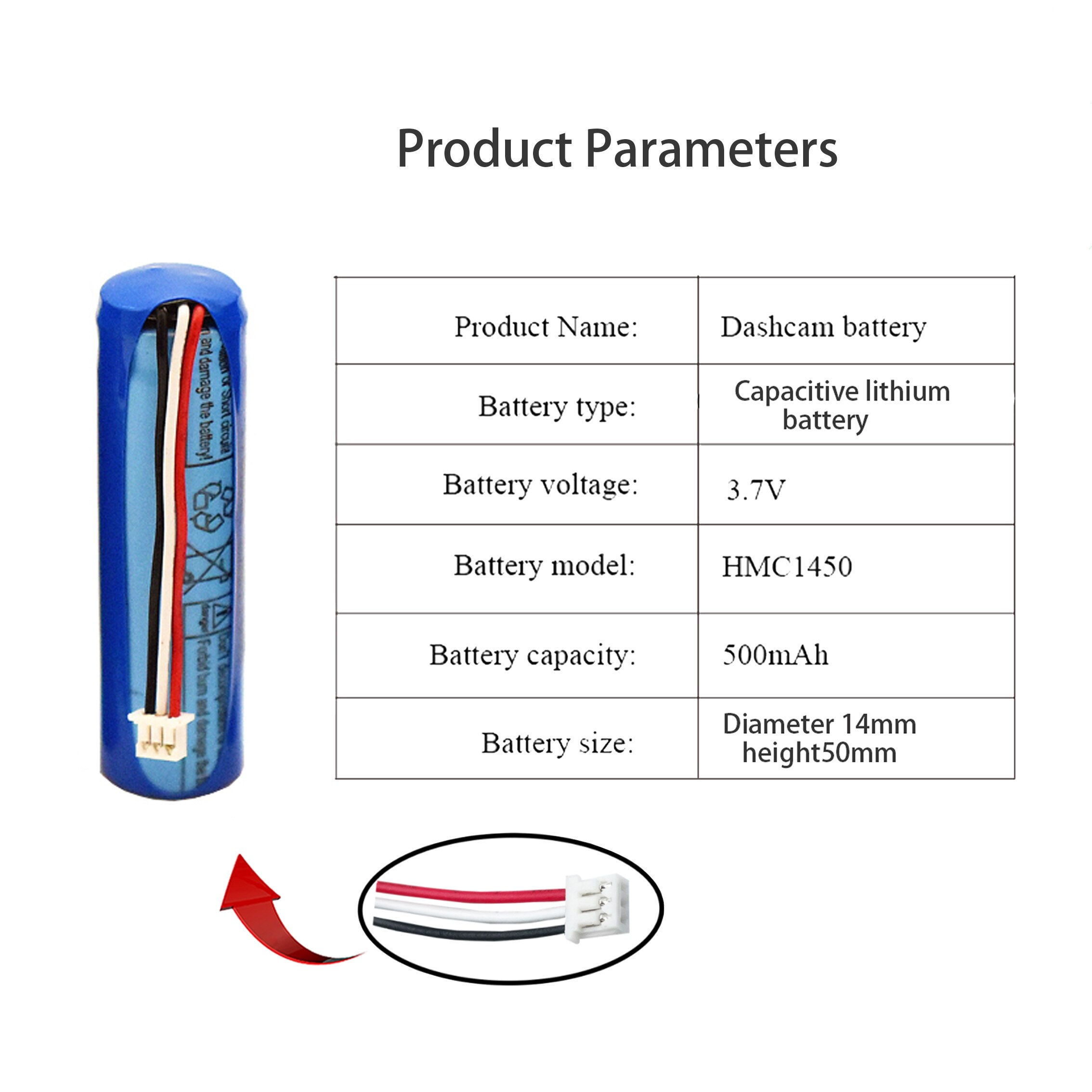 3.7V 500mAh Battery For 70mai Dash Cam A800 HMC1450 Accumulator Replacement Batterie 3-wire Plug 14*50mm