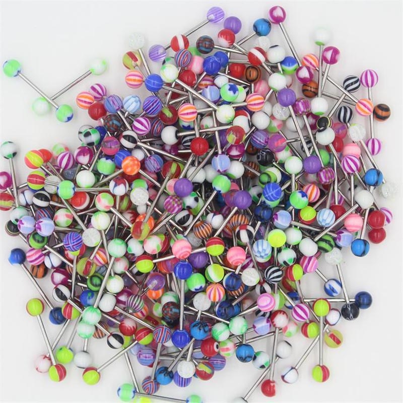 10/20/30/50/100 pcs Double Acrylic Ball Tongue Nipple Ear Rings Bars Barbell Plug Tunnel Body Piercing Jewelry Random Color @M23