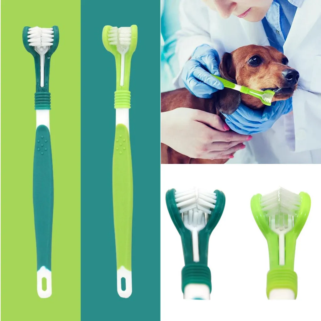 Cepillo de dientes de 3 caras para mascotas, cepillo de dientes de plástico para perros, elimina el mal aliento, limpieza del sarro, boca, cuidado Dental para mascotas, limpieza de boca para gatos: Verde claro
