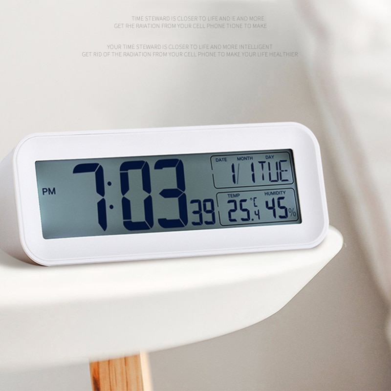 Mærke batteri strøm 12/24 timer snooze vækkeur, blå baggrundsbelysning temperatur luftfugtighed stort antal display bordur