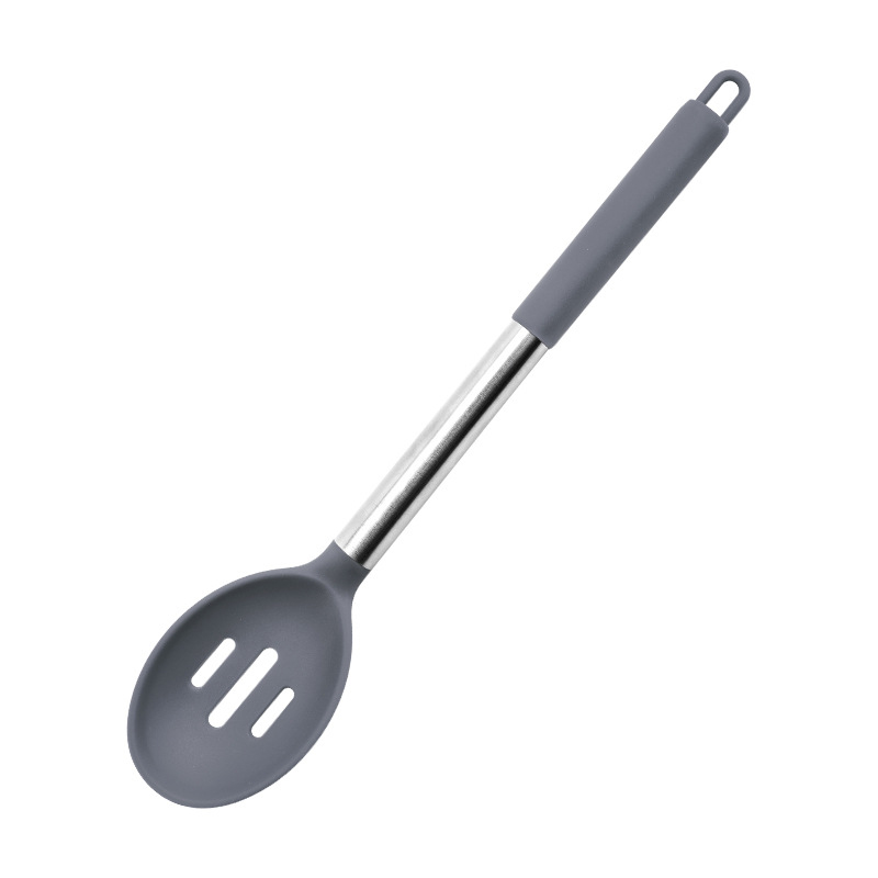 2-teiliges Silikon-Kochlöffel-Set mit Edelstahlgriff, Salat-Rührlöffel-Set, antihaftbeschichtete Kochutensilien, Küchenutensilien: Grau