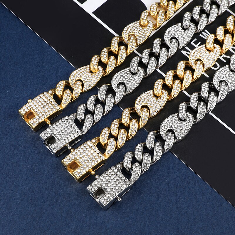Hip Hop Bling Aaa + Iced Out Lichtmetalen Rhinestones Koffieboon Miami Cubaanse Ketting Voor Mannen Sieraden