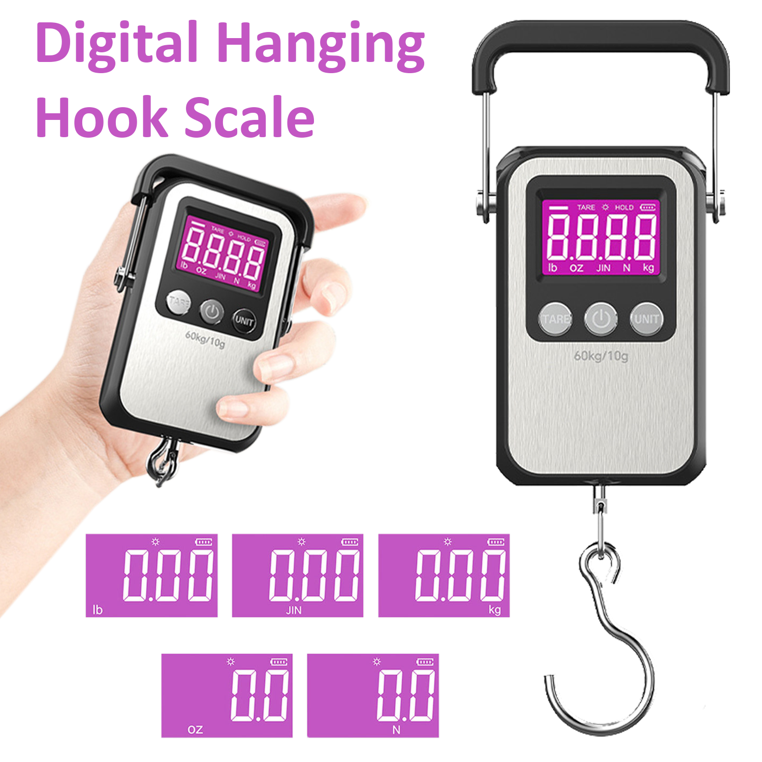 60kg/10g digitala hängande krokvågar elektronisk bagagevåg med lcd-skärm batteri usb-laddning bärbar våg