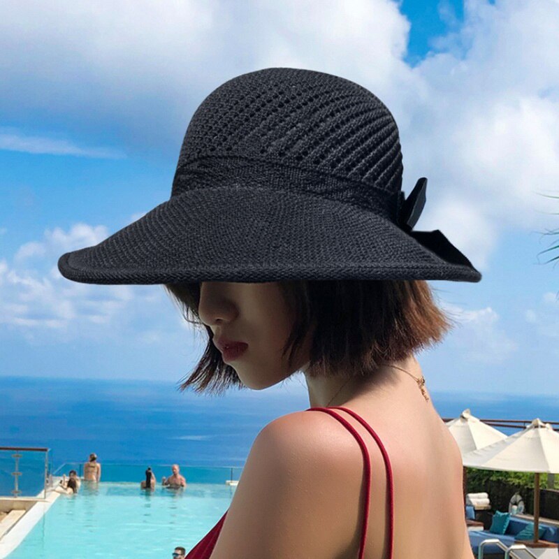 Sombreros de Sol para mujer, sombrero de paja plegable con lazo clásico, de ala grande, informal, para playa al aire libre, protección UV, para verano