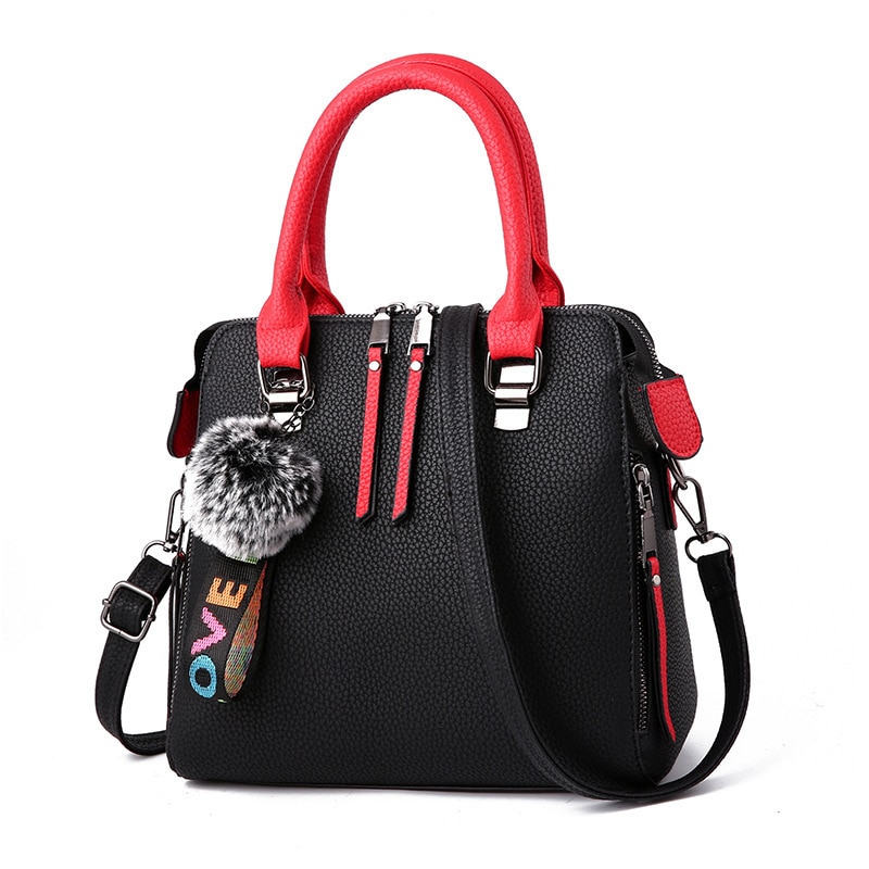 LANLOU PU Leder Frauen taschen Messenger Tasche Pelz Ball Crossbody Klappe Taschen Weibliche Schulter Tasche Einfarbig Handtaschen: Black