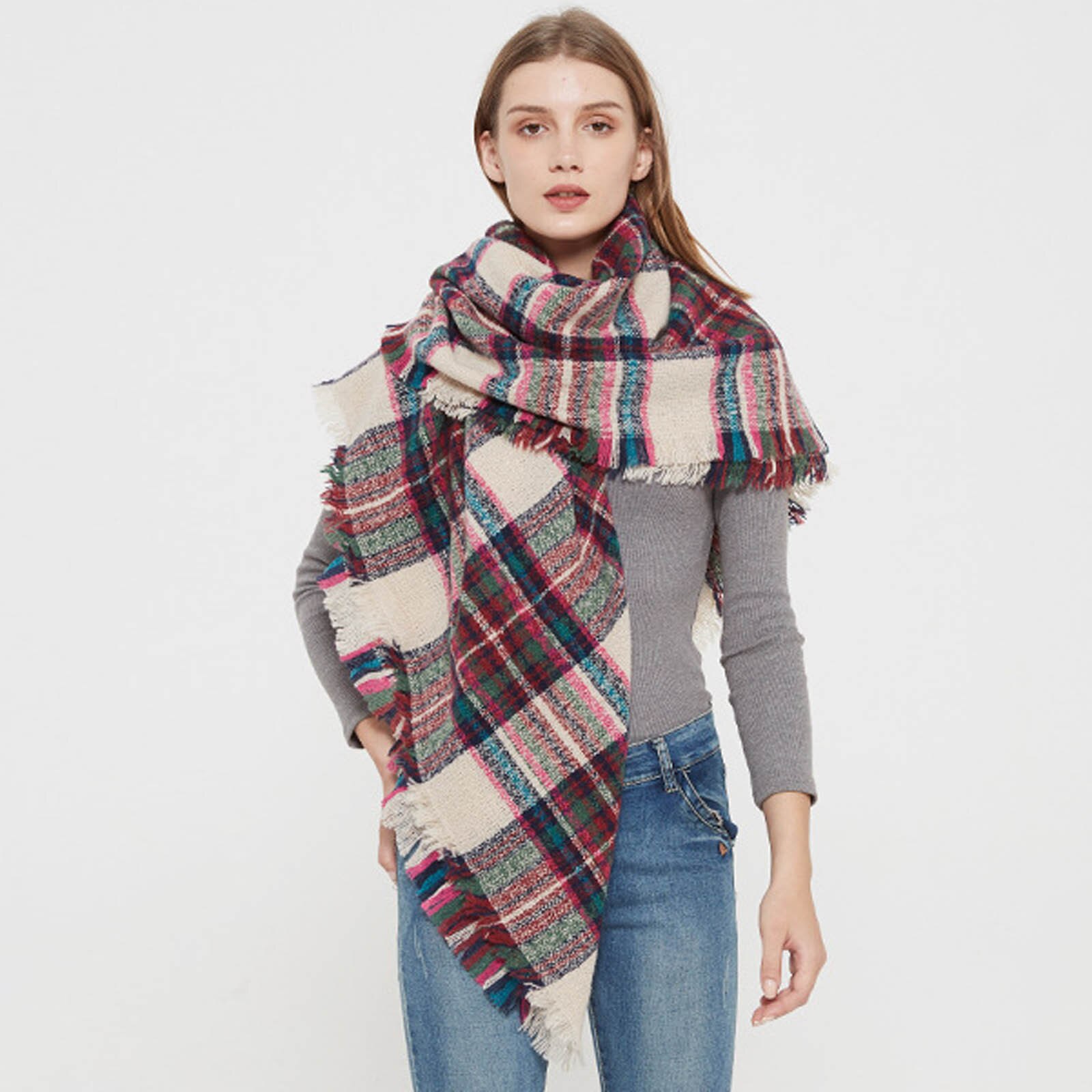 Womens Warm Long Shawl Wraps Large Scarves Knit Cashmere Tassel Plaid Scarf winter hijab scarf