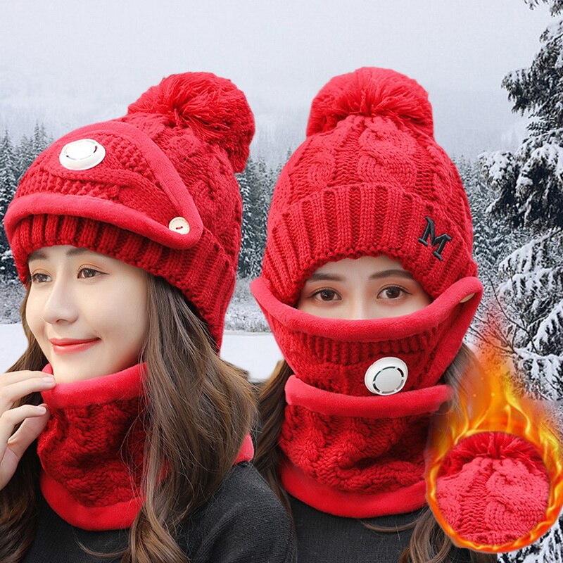 Vinter cykel hat kvinder 3 stykke varme uld beanies skullies hatte med maske krave hagesmæk kvindelig fløjl tykke anti-smog strik hætter: Rød