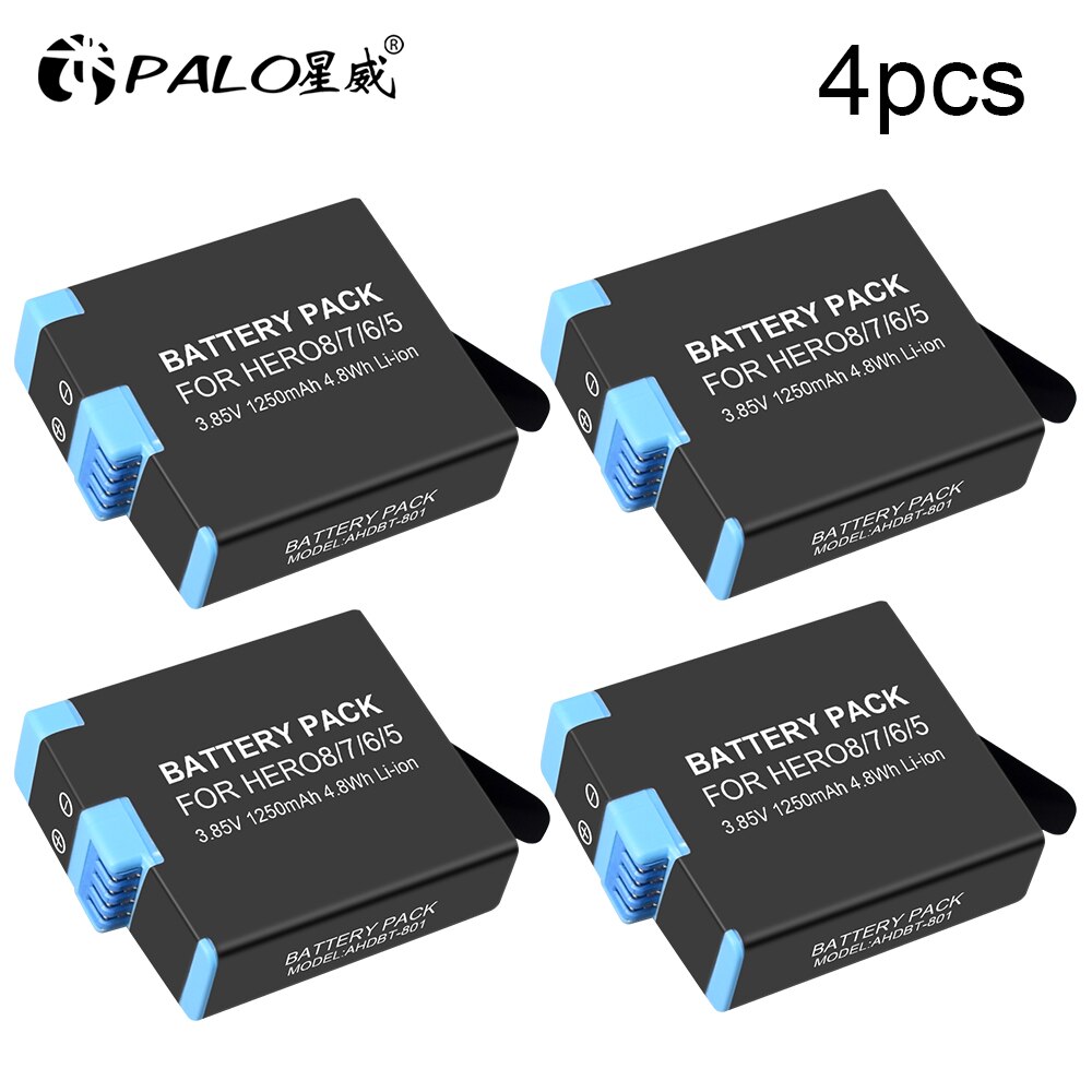 Palo 100%  original til gopro hero 7 hero 6 hero 5 batteri til go pro hero 7 6 hero 5 gopro hero 8 sort afkode kamera batteri: 4 stk batteri
