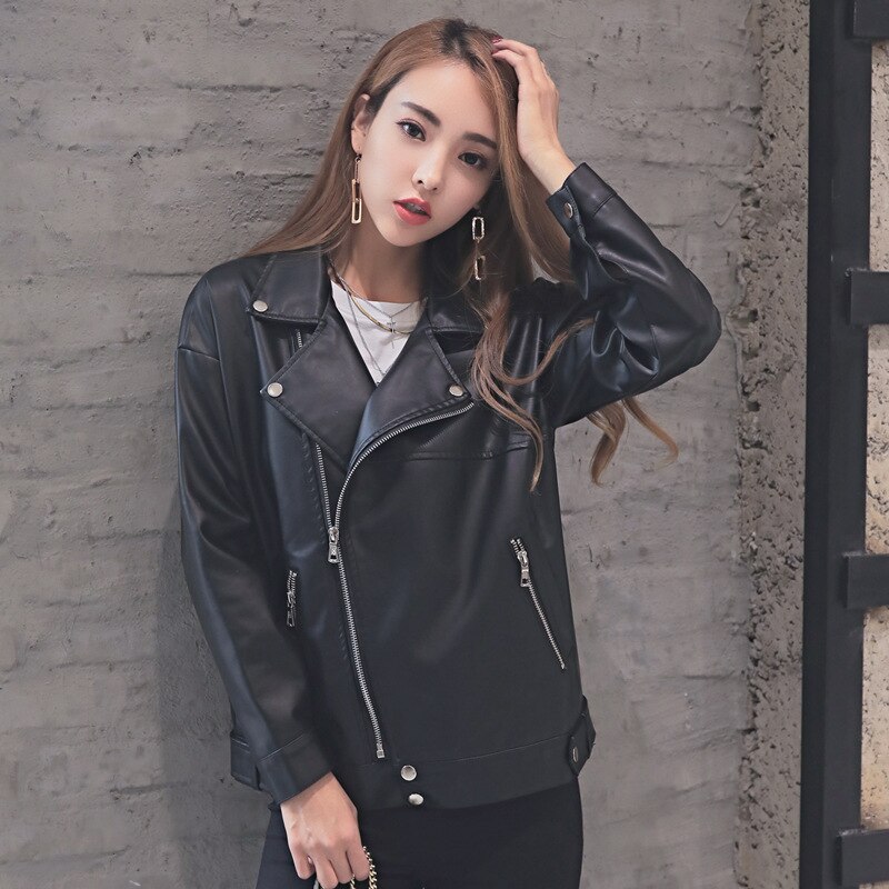 ¡Novedad de ! Chaqueta holgada de piel sintética para mujer, chaqueta clásica de motociclista para primavera y otoño, abrigo básico de talla grande para mujer