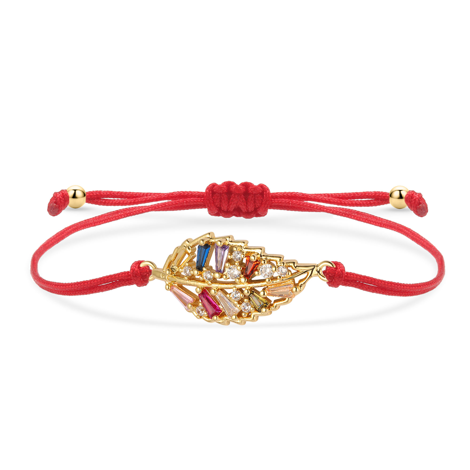 Pulsera de abalorios de hoja de cobre chapada en oro de cristal CZ para mujer, piedras de circonita cúbica Multicolor, cuerda roja, cordón verde y azul, de joyería: Estampado en caliente