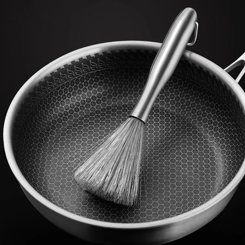 Brosse à casserole en acier inoxydable avec un Long manche, brosse à vaisselle, nettoyeur de casseroles, forte décontamination, outils de nettoyage de cuisine suspendus