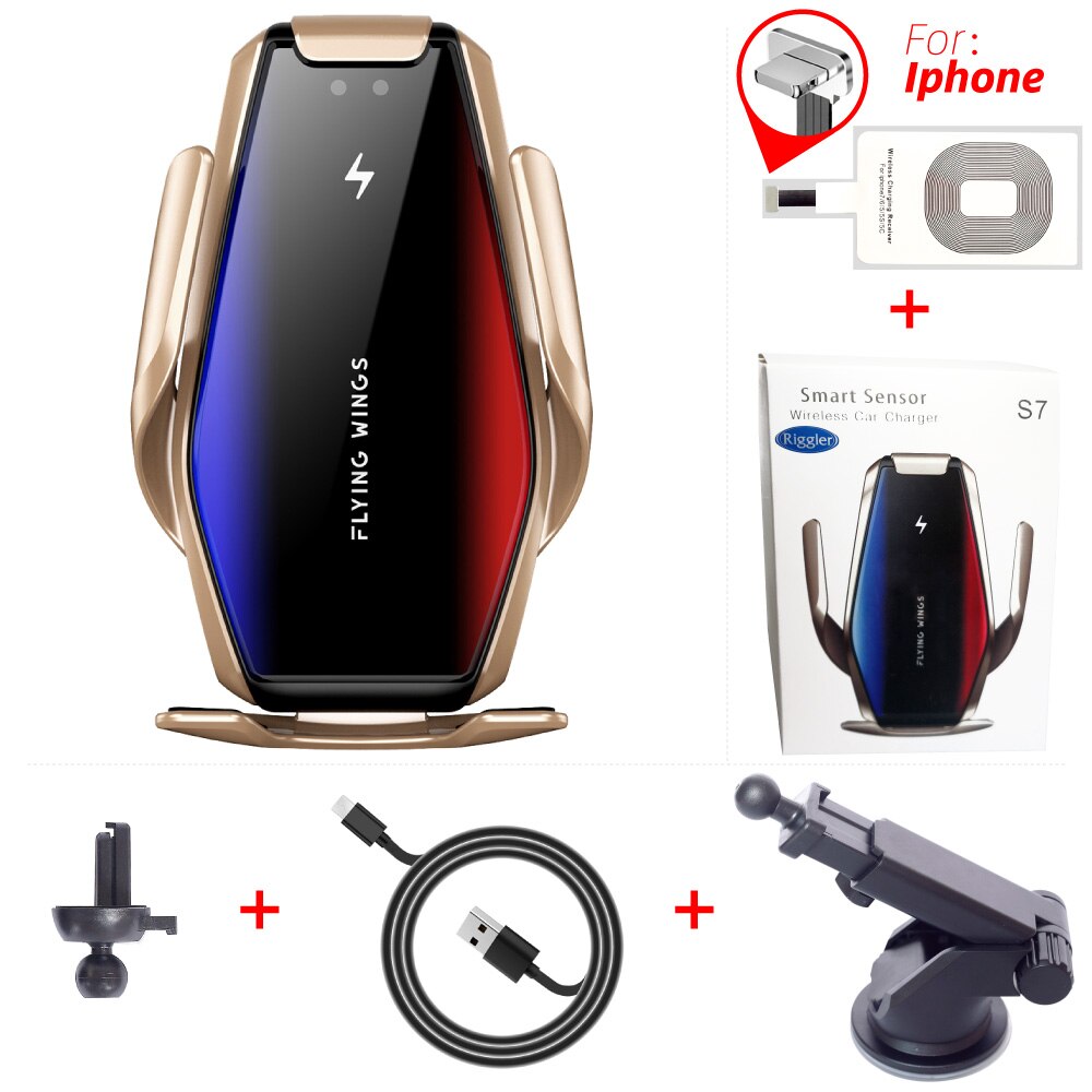 Super-Condensatore Per Auto 15W Caricatore Senza Fili Automatico di Carica Rapida di Montaggio per Il Iphone XS XR X Samsung S10 +/ 10 S9/8 Note9: Gold d foriphone