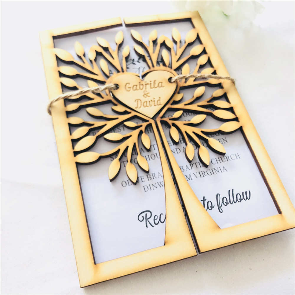 Invitations de mariage personnalisées en bois | Invitations de mariage et de fiançailles personnalisées faites à la main, cartes d'invitation gravées d'arbre de mariage