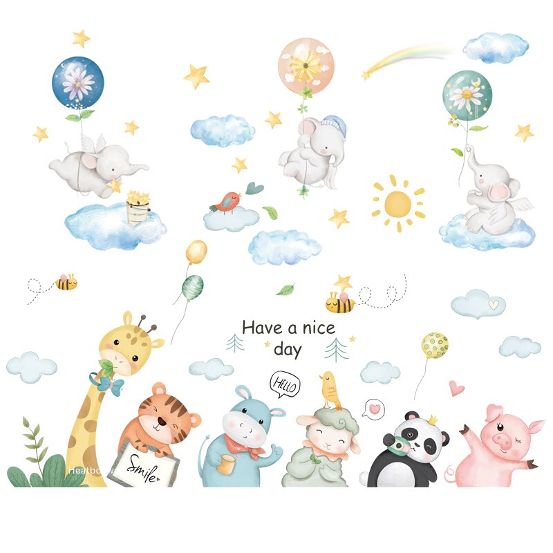 4pcs/set Large Kids Room Wall Stickers Home Decor Cartoon Animal Wall Decals for Nursery Bed Wallpaper Elephant Mural Baby: Default Title