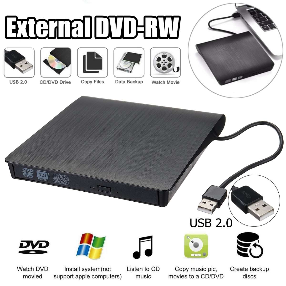 Externe USB2.0 DVD RW CD Writer Slim Drive Brander Reader Player Voor PC Laptop