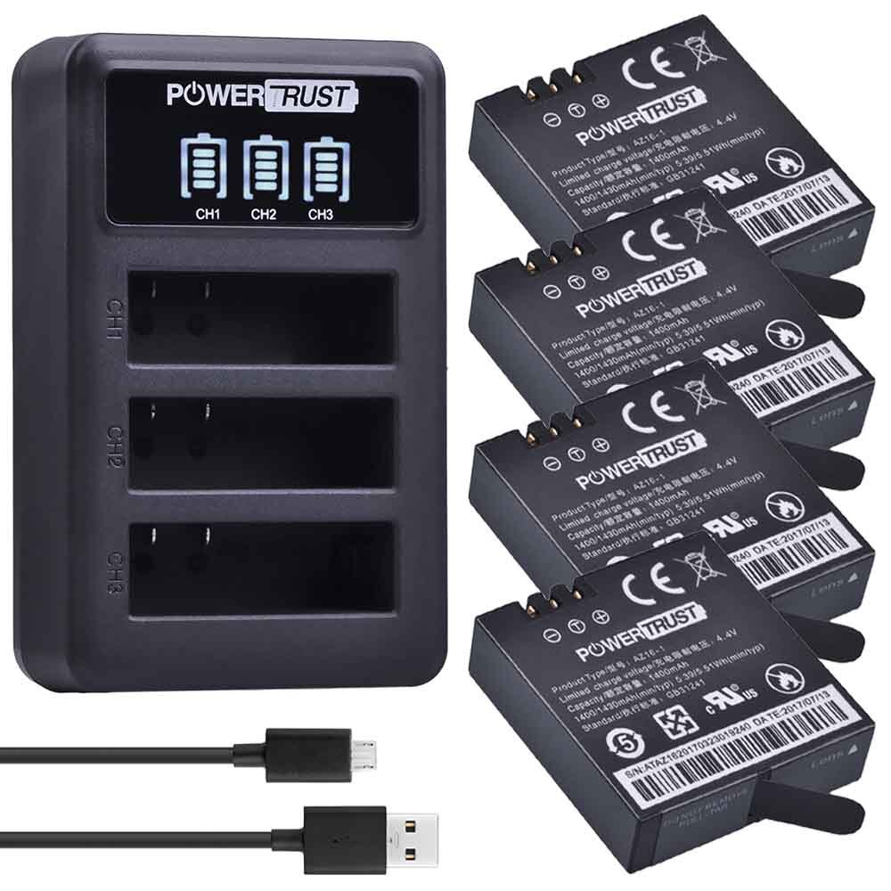 Batería de AZ16-1 para Xiaomi Yi 2, batería de 1400mAh, 3,85 V, AZ16-2 + LED, USB, 3 ranuras, cargador, 4K, Original, Xiao Mi Yi Lite, Cámara de Acción: 4Battery and charger