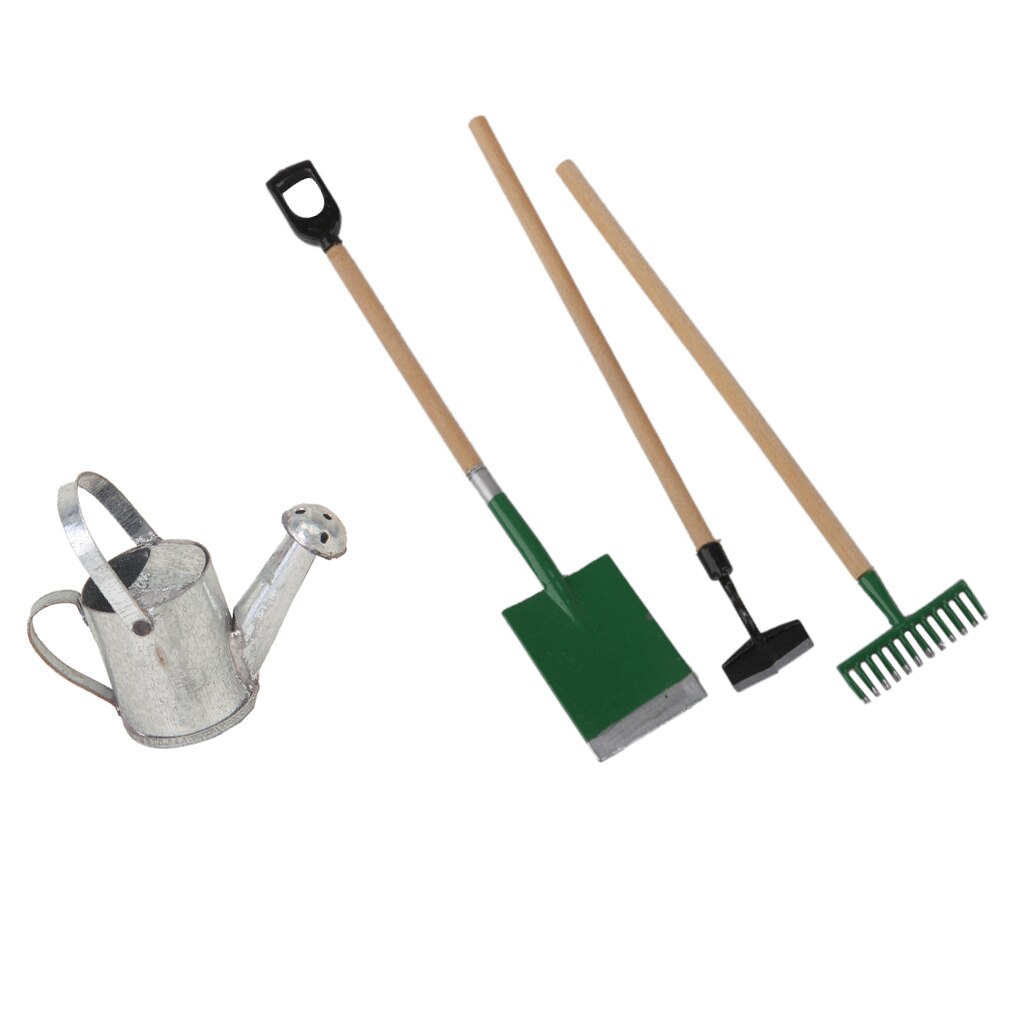 3 Pieces Garden Tools +Tin Metal Watering Can for 1/2 Doll House Miniatures Accessories