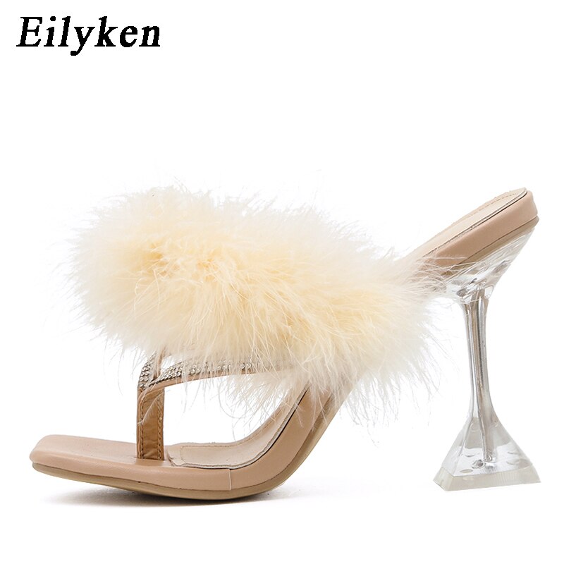 Eilyken-pantoufles d'été plume à talons hauts pour femmes, tongs à bout carré cristal clair, chaussures d'été, collection: Apricot / 38