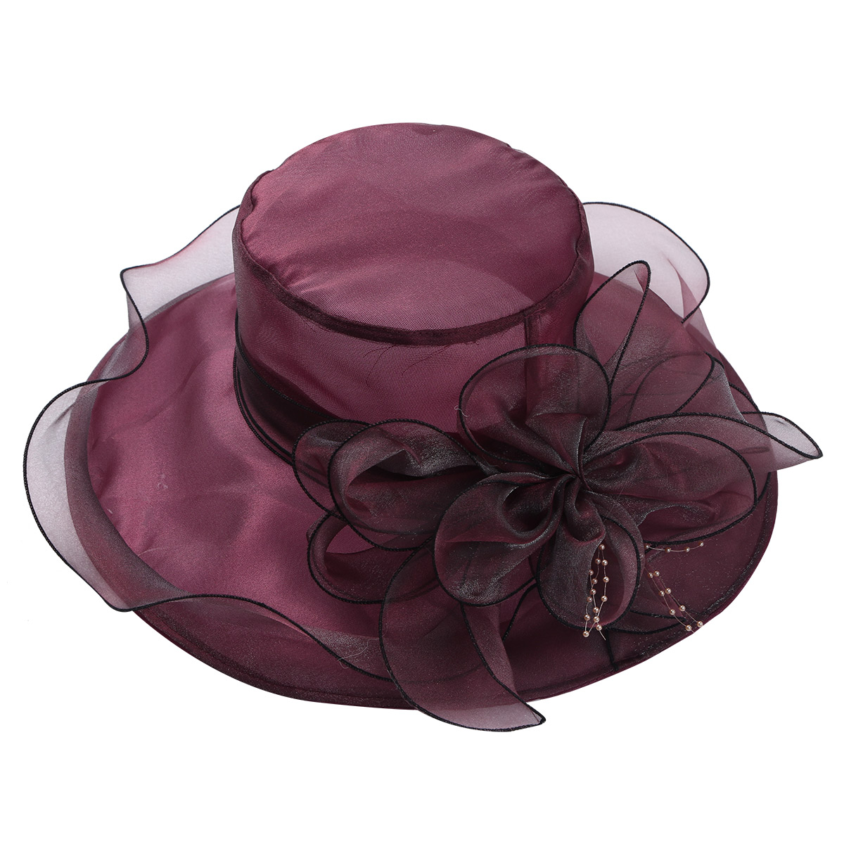 Womens Ruffles Wide Brim Top Flower Organza Kentucky Derby Church Cap Party Wedding Hat Big Summer Sun Hat: Wine Red