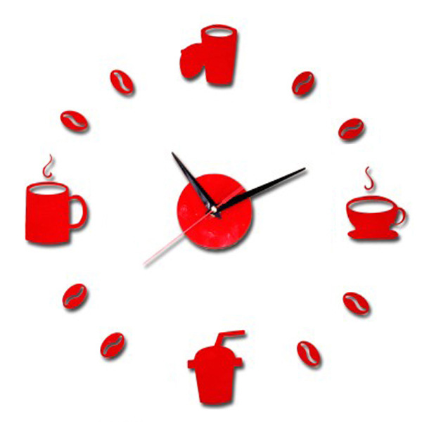Taza de café 3D DIY Bean Reloj de pared adhesivo de cuarzo acrílico, decoración moderna para el hogar, Vintage Reloj de pared de cocina: Rojo
