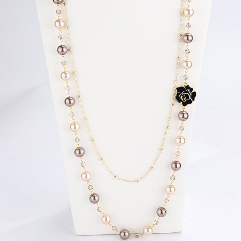 Brand Lange Gesimuleerde Parel Ketting Voor Vrouwen Camellia Dubbele Laag Hanger Lange Ketting Partij Sieraden