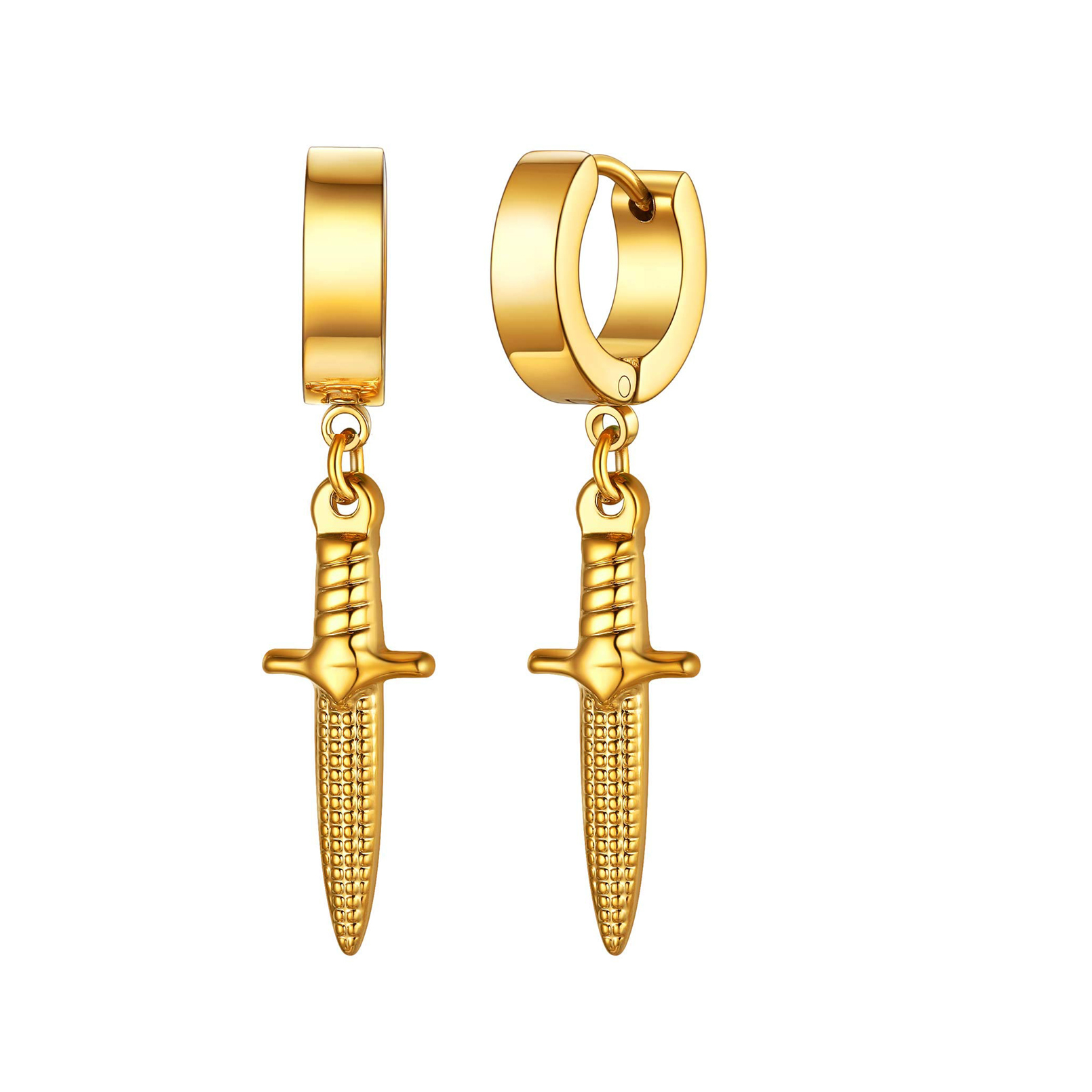 Pendientes de daga de Color negro y plateado para hombre, pendientes de aro con calavera y hoja de espada de acero inoxidable, joyería de tatuaje de roca a la