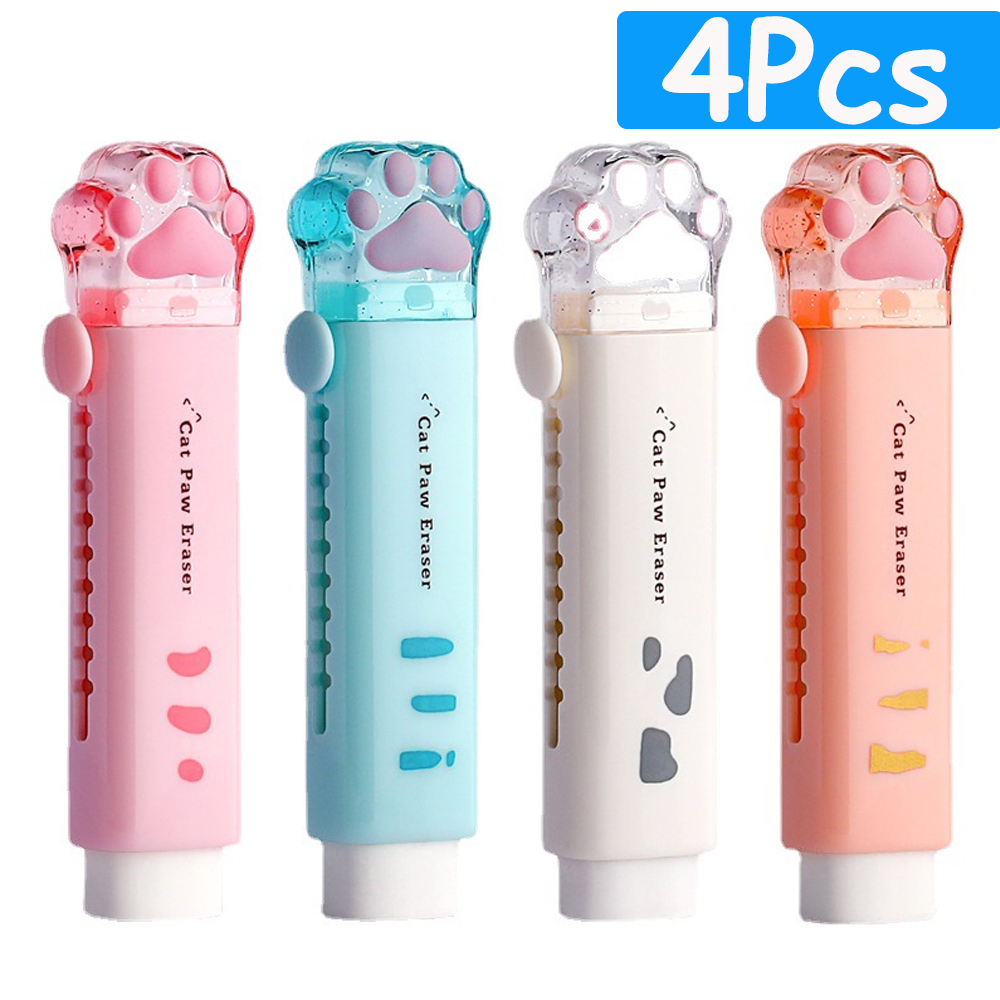 1-8Pcs ! Kawaii Cat Paw Rubber Erasers Retractable Pencil Eraser for Kids Students School Home Office Writing Drawing