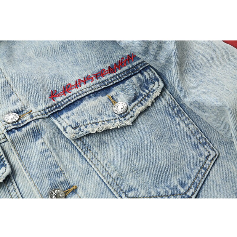 Harajuku Stickerei Drachen Jacke Jeans Straße Hüfte hüpfen Männer Jahrgang Gewaschen Denim Jacke Herbst verrotten Gestreiften Denim Jacken