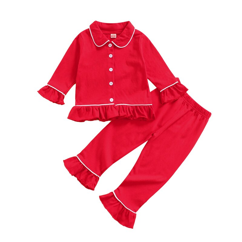 Ensemble pyjama pour bébé fille, chemise à manches longues et ourlet à volants à revers avec boutons + pantalon à taille élastique, vêtements de maison décontractés, costume 2 pièces, 18 mois à 6 ans: Rouge / 4T