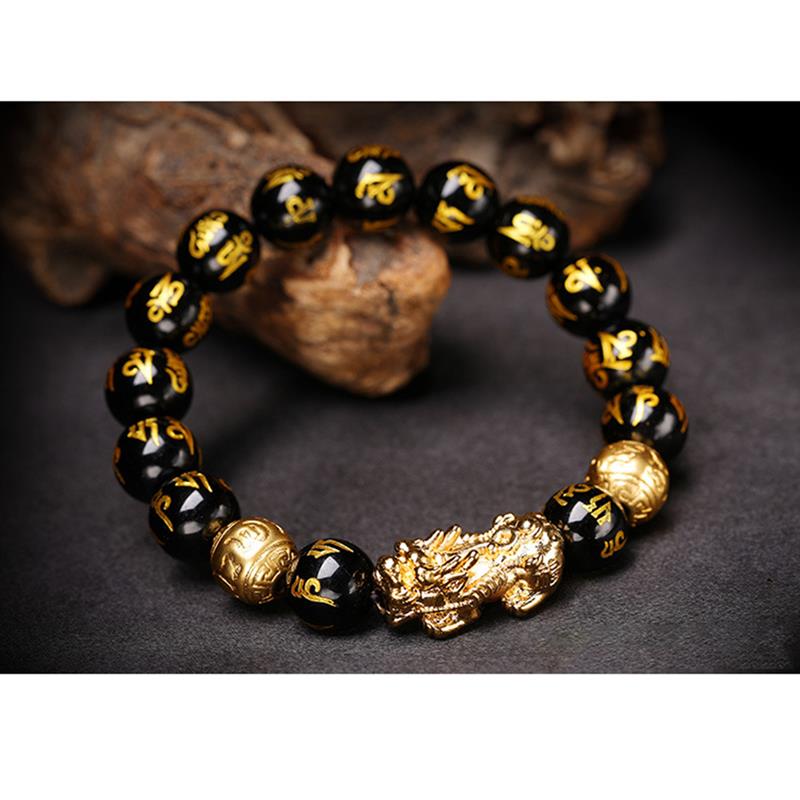 Black Obsidian Wealth Bracelet Adjustable Releases Negative Energies Bracelet with Golden Pi Xiu Lucky Wealthy Amulet Bracelet