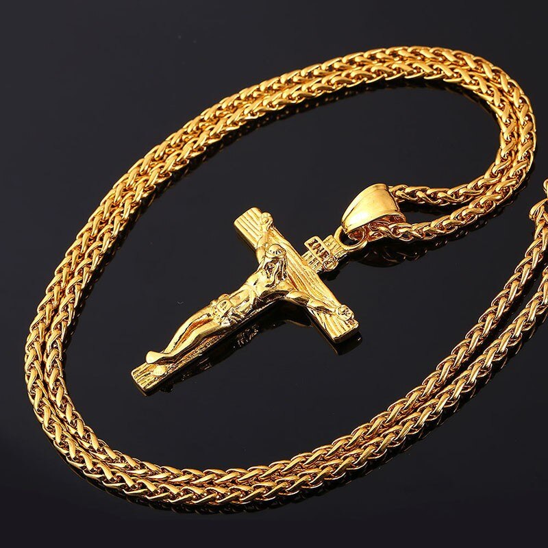 crucifijo Cristo Jesús collar de hombre joyería de oro de acero inoxidable de Color cadena alrededor del cuello cruzado colgante collares para hombre