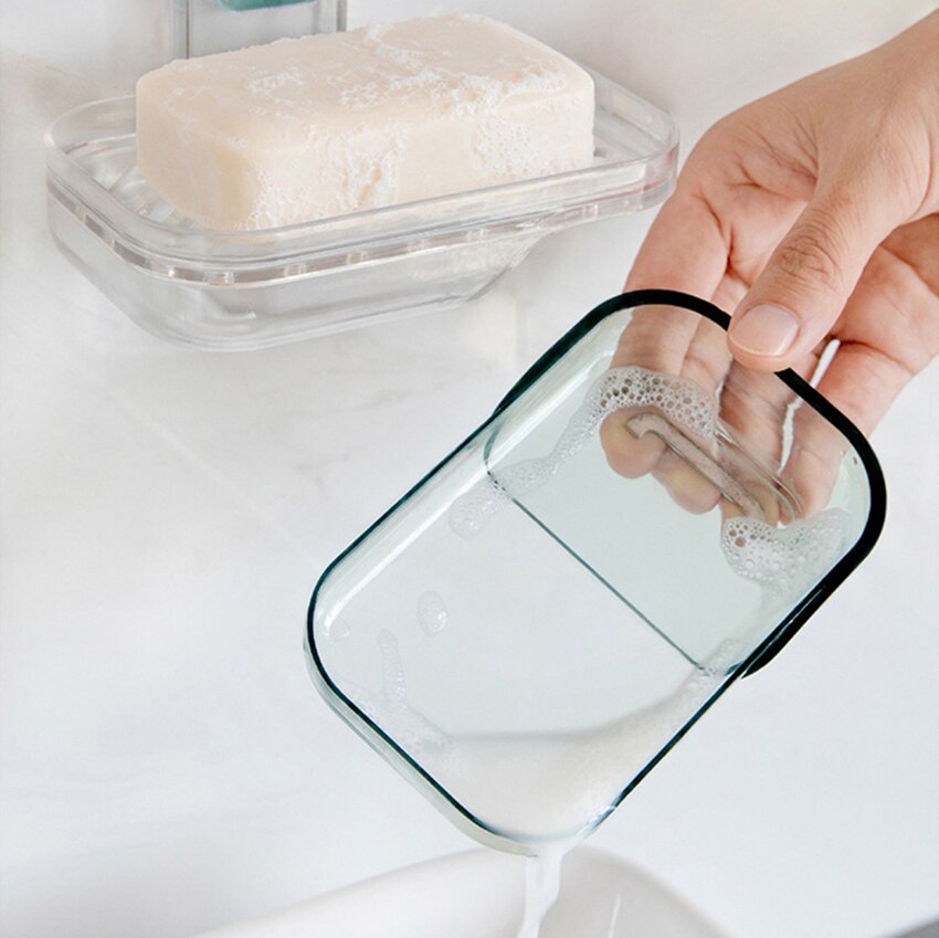Transparent Laundry Soap Holder Case Wall Mounted Suction Cup Soap Dishes, Double Layer Bathroom Drain Soap Box Tray Shelf