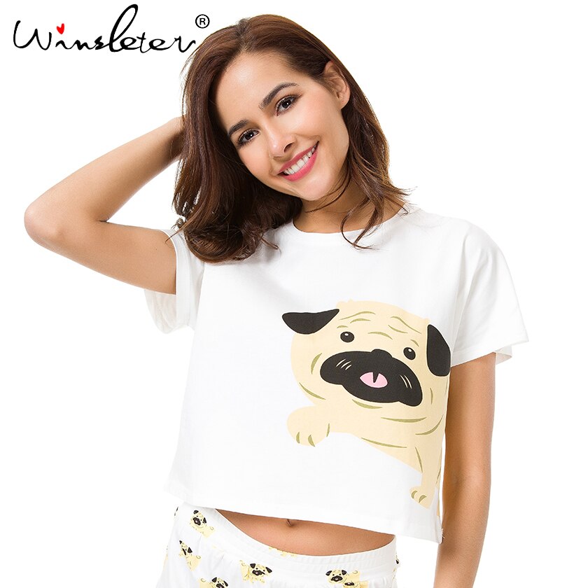 Cute Sleep Top T shirt Women Pug Print Crop Top Short Sleeve Loose S-XXL Cotton T shirt Pajamas Women Clothing pyjamas T6825