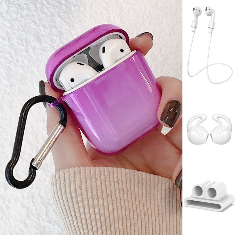 2/5PSC clear case for airpods case cute protective cover for airpods 2 with earplug Anti-lost rope sport case for airpods 2 case: Set B Purple