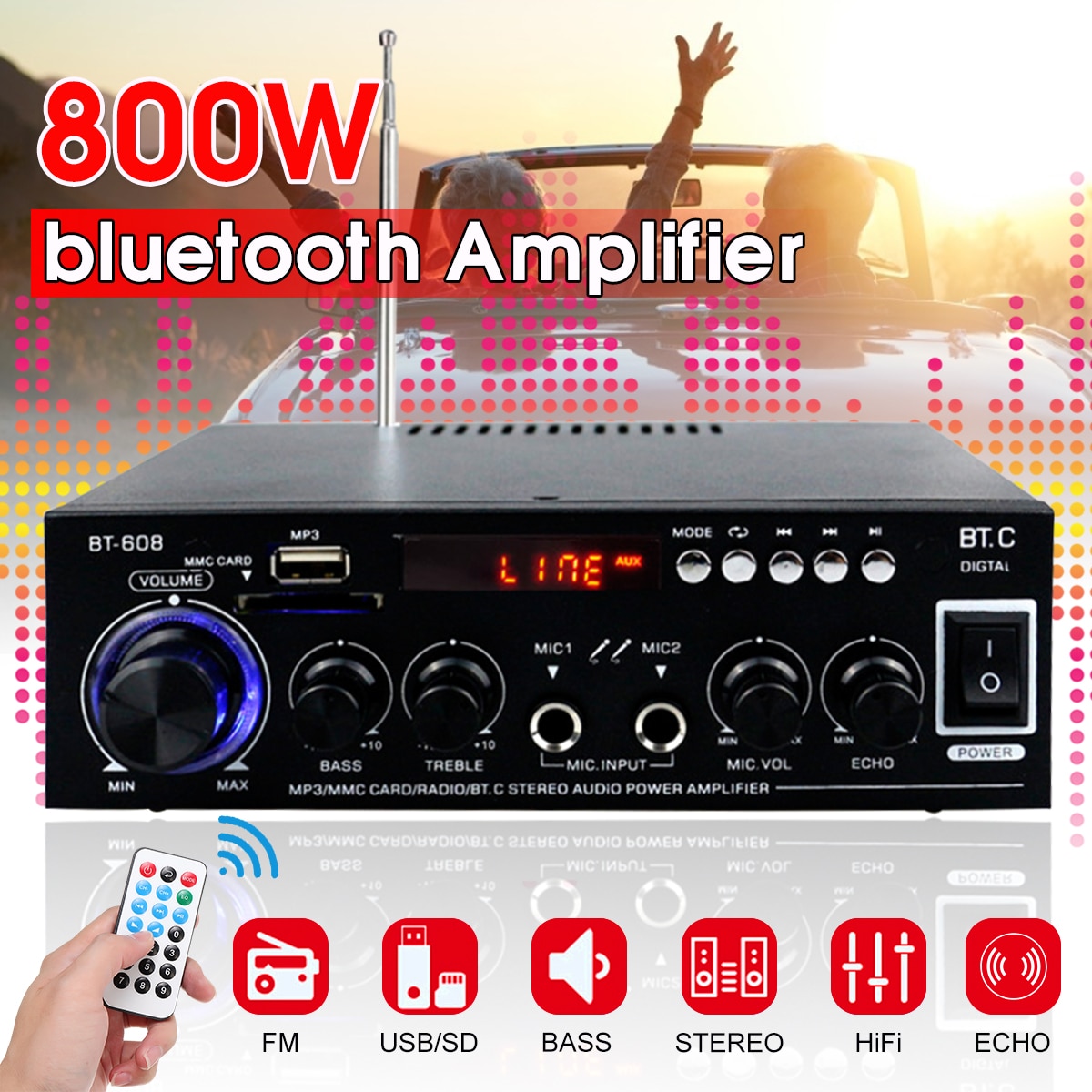 800W HIFI 2CH Amplificatore di Potenza Audio 110/220V Home Theater Audio Sistema Audio Mini Amplificatore FM USB SD bluetooth W/Remote Control