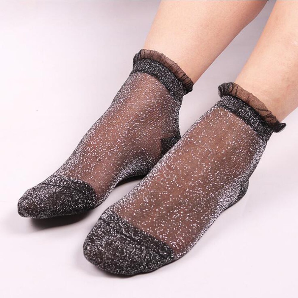 Glitter Ankles Socks Women Socks Spring Summer Shiny Hosiery Thin Casual Girls Sexy Foot Socks Crystal Lace Boat Socks: black white
