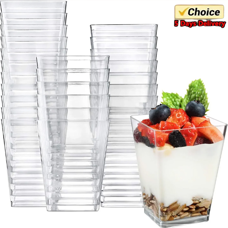 50 stk. engangs plastkopp for mousse, stigeformet kopp, puddingkopp, dessert, kakekopp, forrett, gelé, yoghurt, mousse, bakekopp