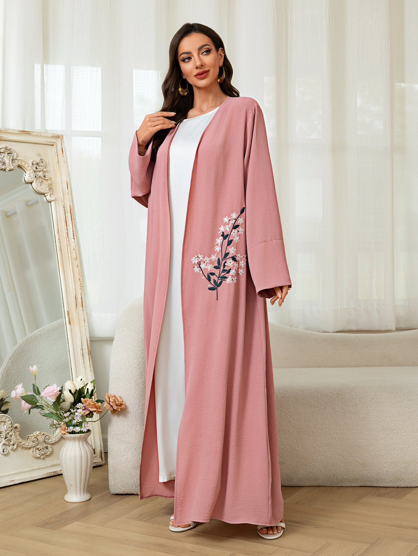 Roze geborduurd lang gewaad dames bescheiden islamitische jurk Abaya Kaftan uitloper lange mouw losse Arabische moslim Dubai Marokkaanse