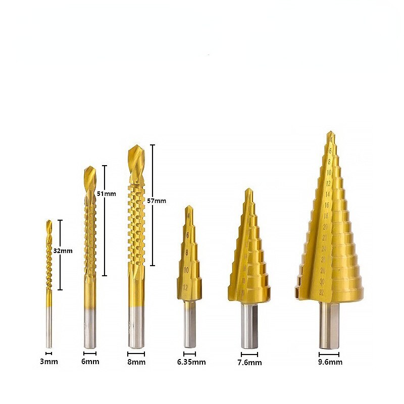 Stegborr och borr-fräs 6 st/set.försänkning för metall/trä，borr för metallkon 32mm, -stegs ljus: 6 st upp