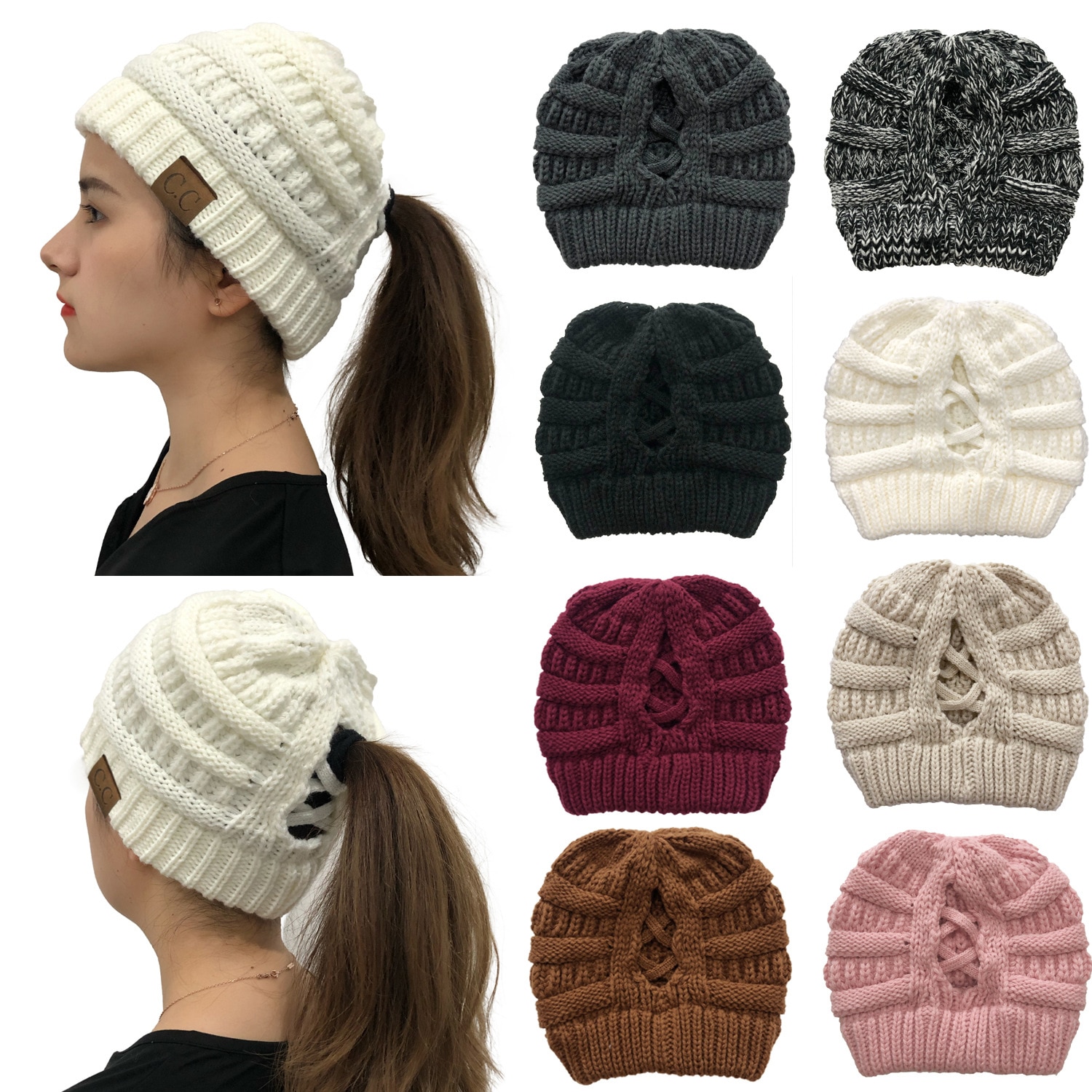 Winter Hats For Women Pompom CC Beanie Horsetail Caps Cross Criss Ponytail Hat Girls Warm Knitted Thick Outdoor Ski Cap