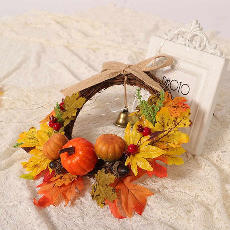 40Cm Thanksgiving Krans Herfst Kleur Guirlande Oogstfeest Bells Esdoornblad Pompoen Deur Hanger Kunstmatige Decoraties