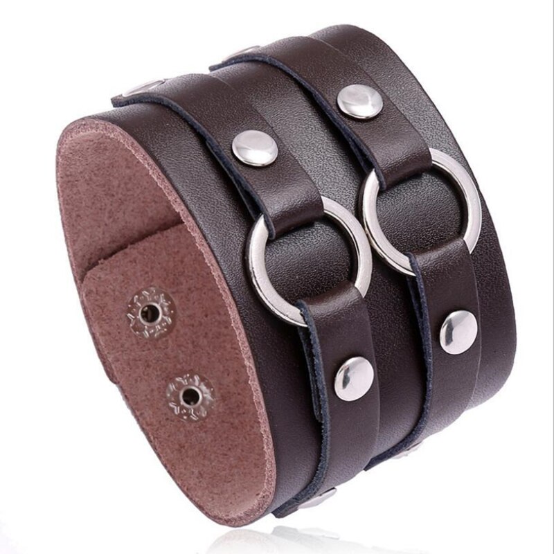 Double Belt Leather Wrist Friendship Big Wide Bracelet For Men Circle Buckle Vintage Punk Bangles Mens Jewelry: Brown