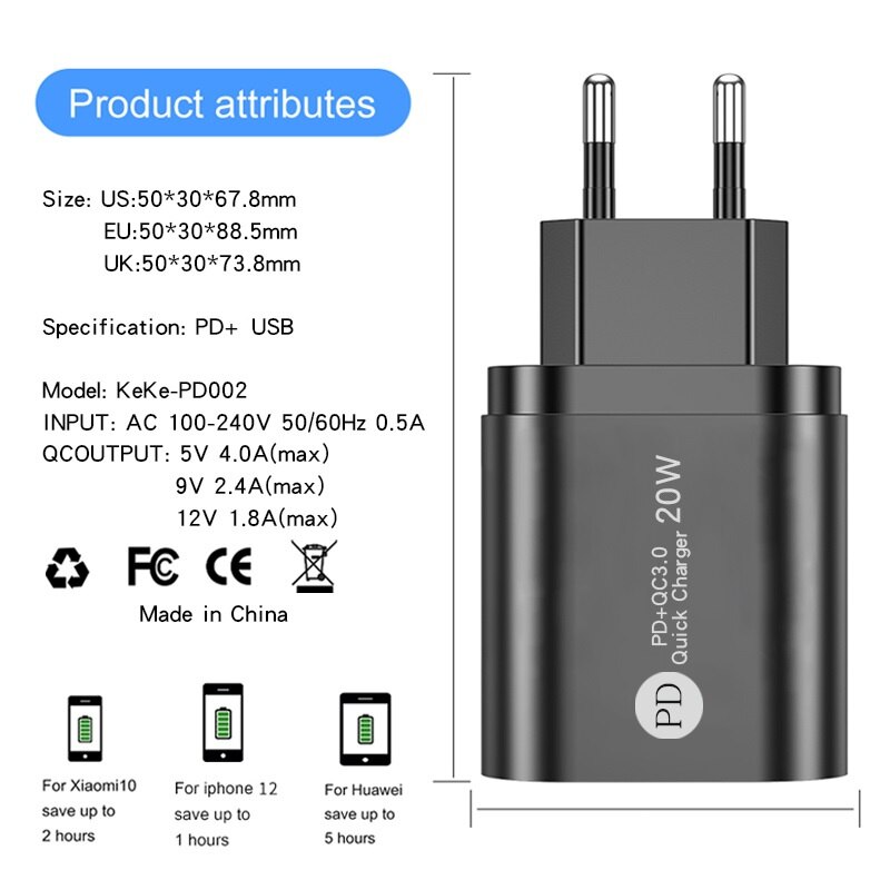 USLION – chargeur USB PD 20W QC3.0, Support USB type-c, charge rapide, pour téléphone iPhone 12 Pro Max 11 AirPods iPad Huawei