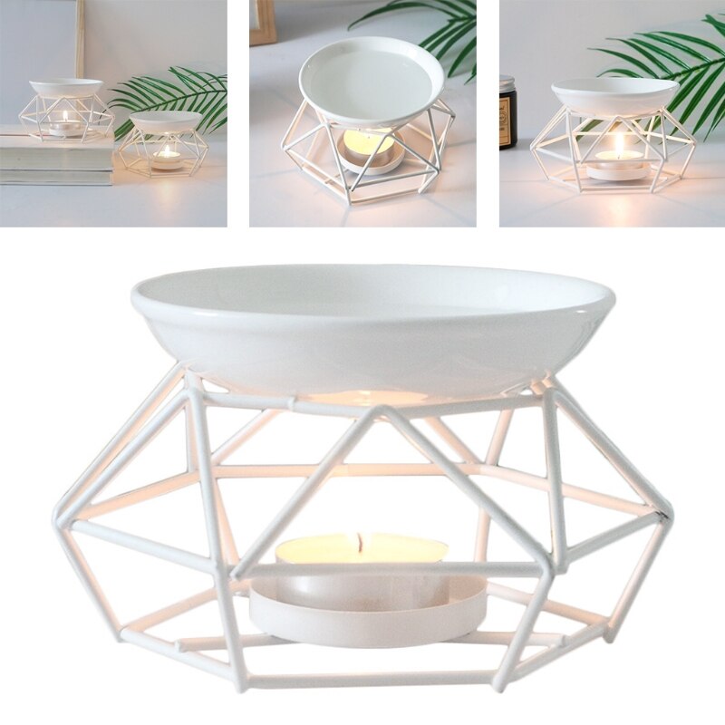 Metal Aromatic Oil Burner Geometric Frame Ceramic Essential Oil Tealight Candle Holder Wax Melt Warmer Melter Aroma Lamp 85DA